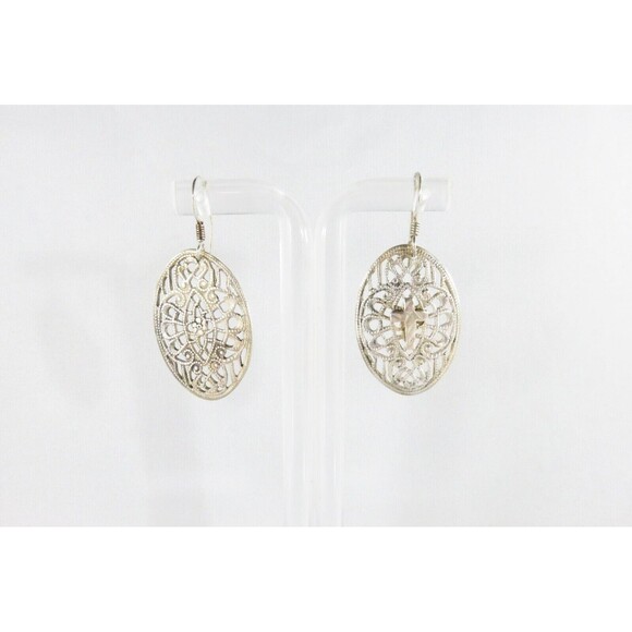 Pre-owned Oval Pierced Plaque Dangle Earrings in Sterling Silver 1 5/8" Drop - Picture 8 of 10